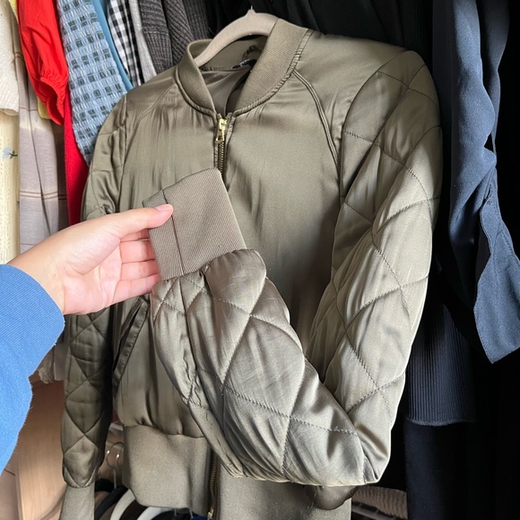 Khaki Green Fitted Satin Bomber Jacket - Picture 7 of 8